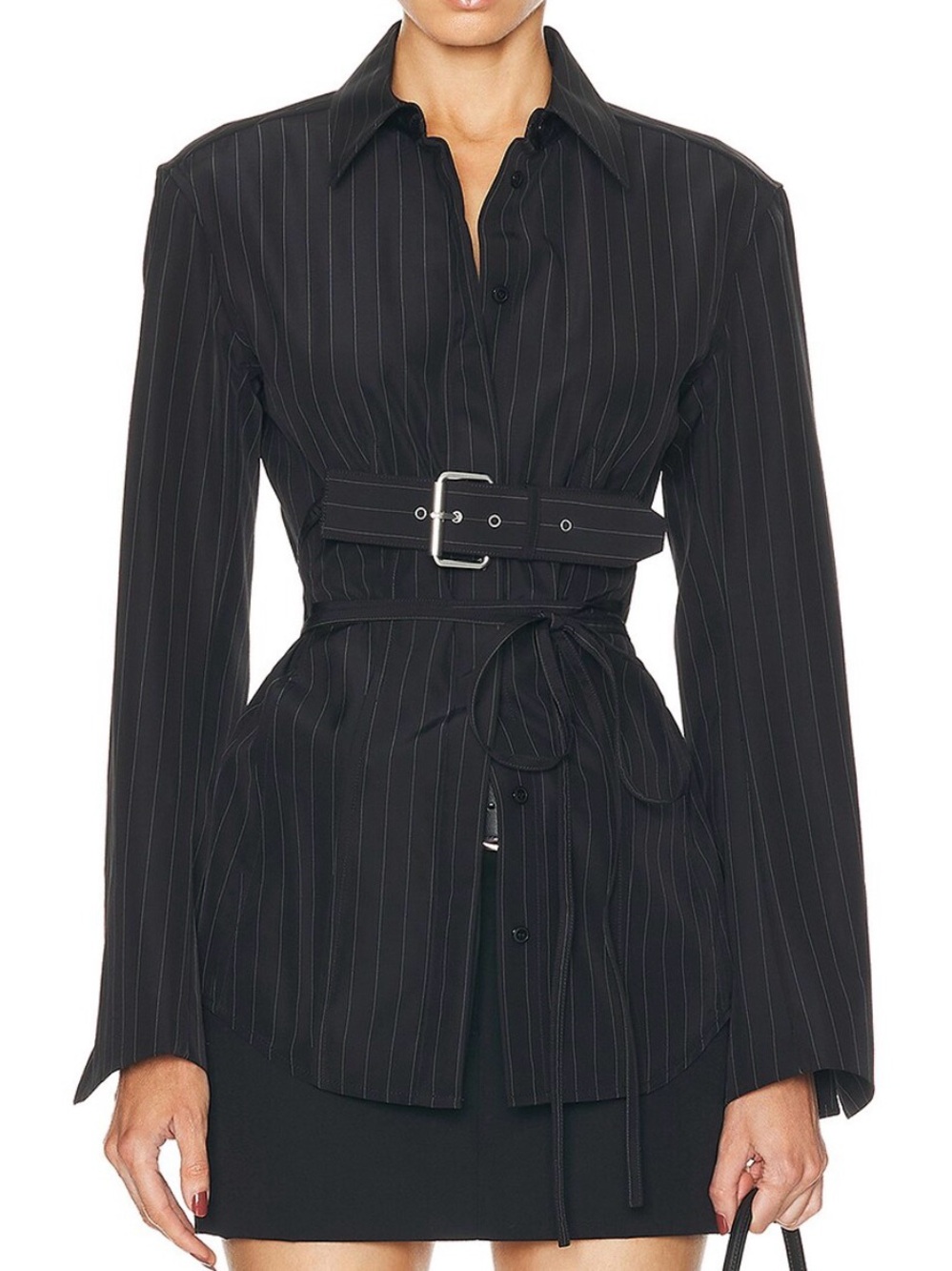 Alexander Wang Black Pinstripe Belted Shirt-Jacket